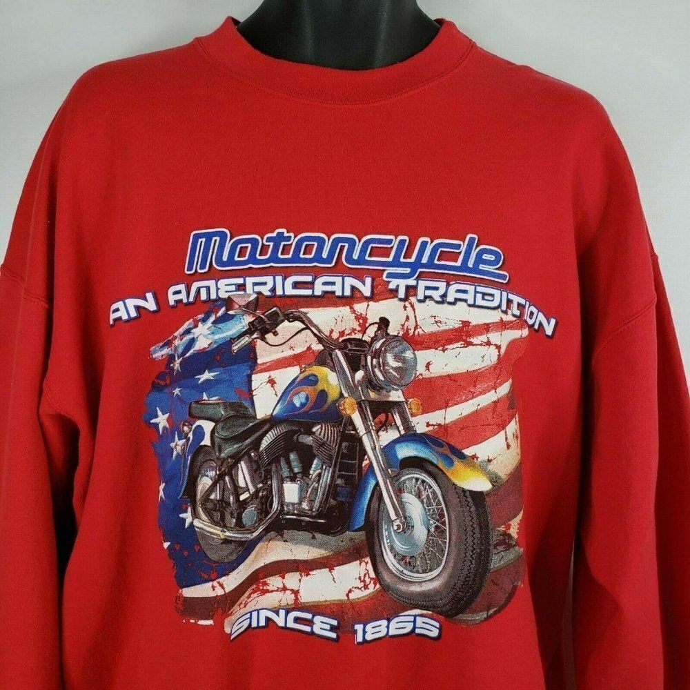 Vintage 90s Motorcycle American Tradition Graphic Sweatshirt XL Red Heavyweight